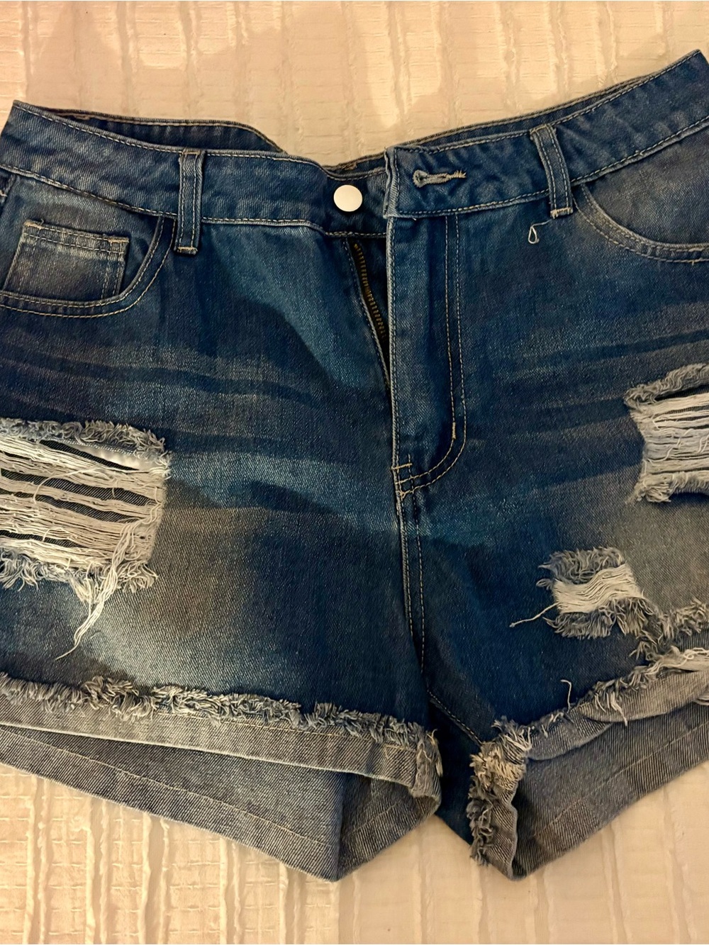 Distressed High-Waist Denim Shorts - Blue